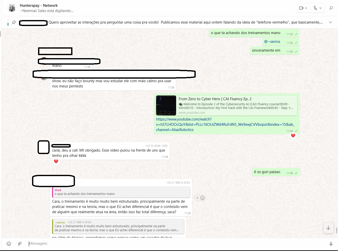 Conversa WhatsApp sobre treinamentos